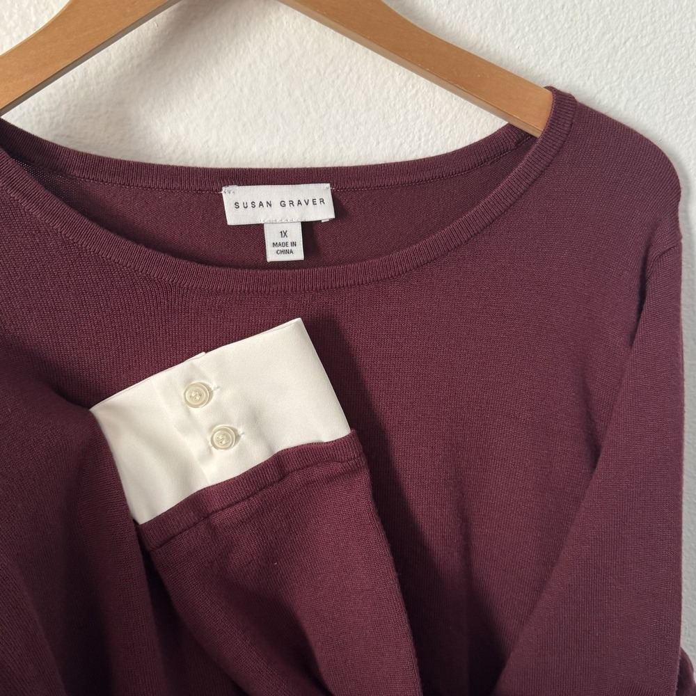 Susan Graver Sweater Button Shirt Womens 1x Burgundy Preppy Lightweight Stretch - Picture 5 of 8